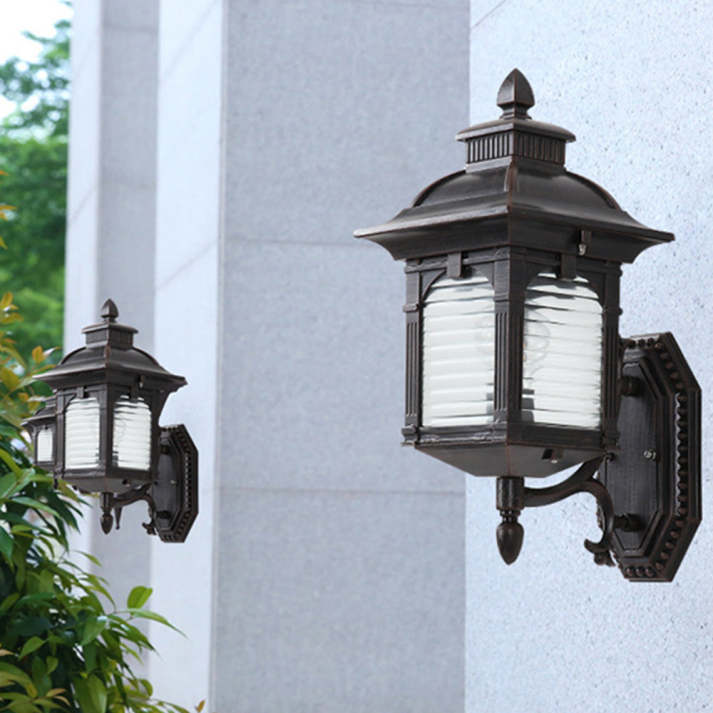 Classic Black Outdoor Wall Lantern with Antique Glass