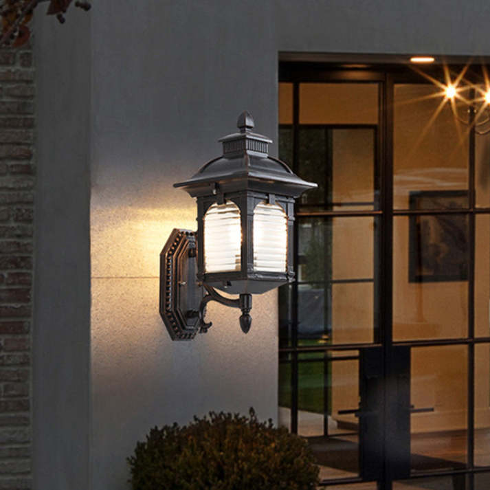 Classic Black Outdoor Wall Lantern with Antique Glass